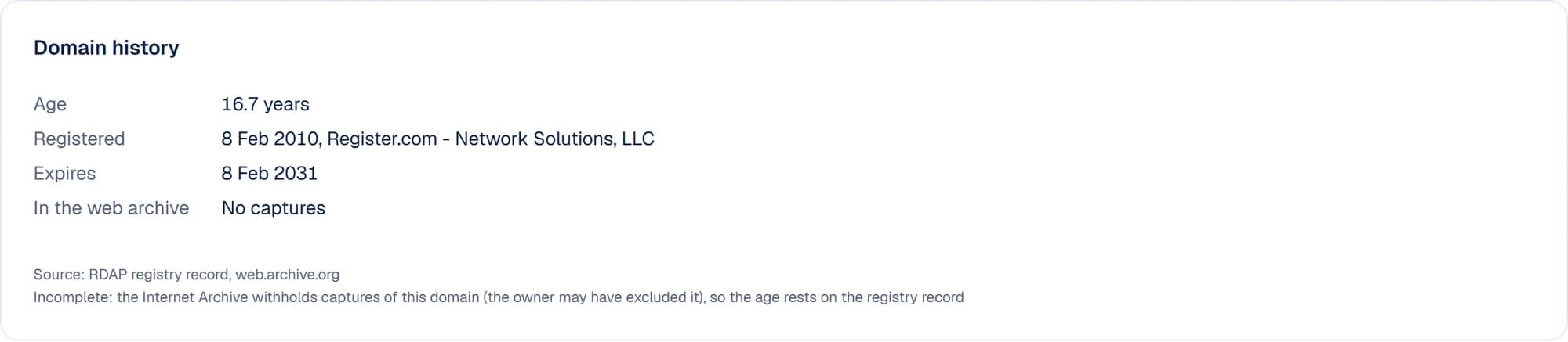 Domain history: 16.7 years, registered in 2010