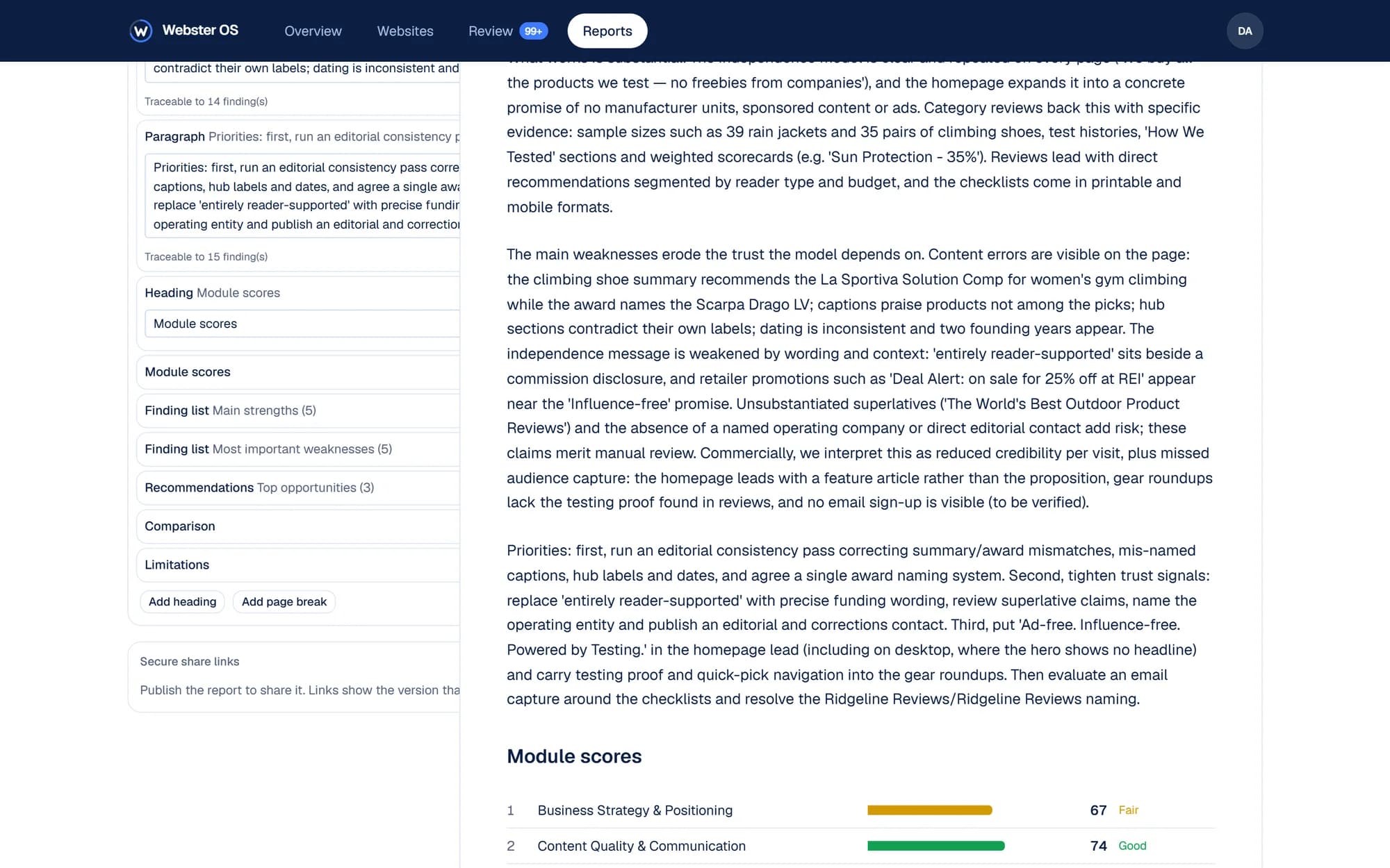 Pages of the client-ready report