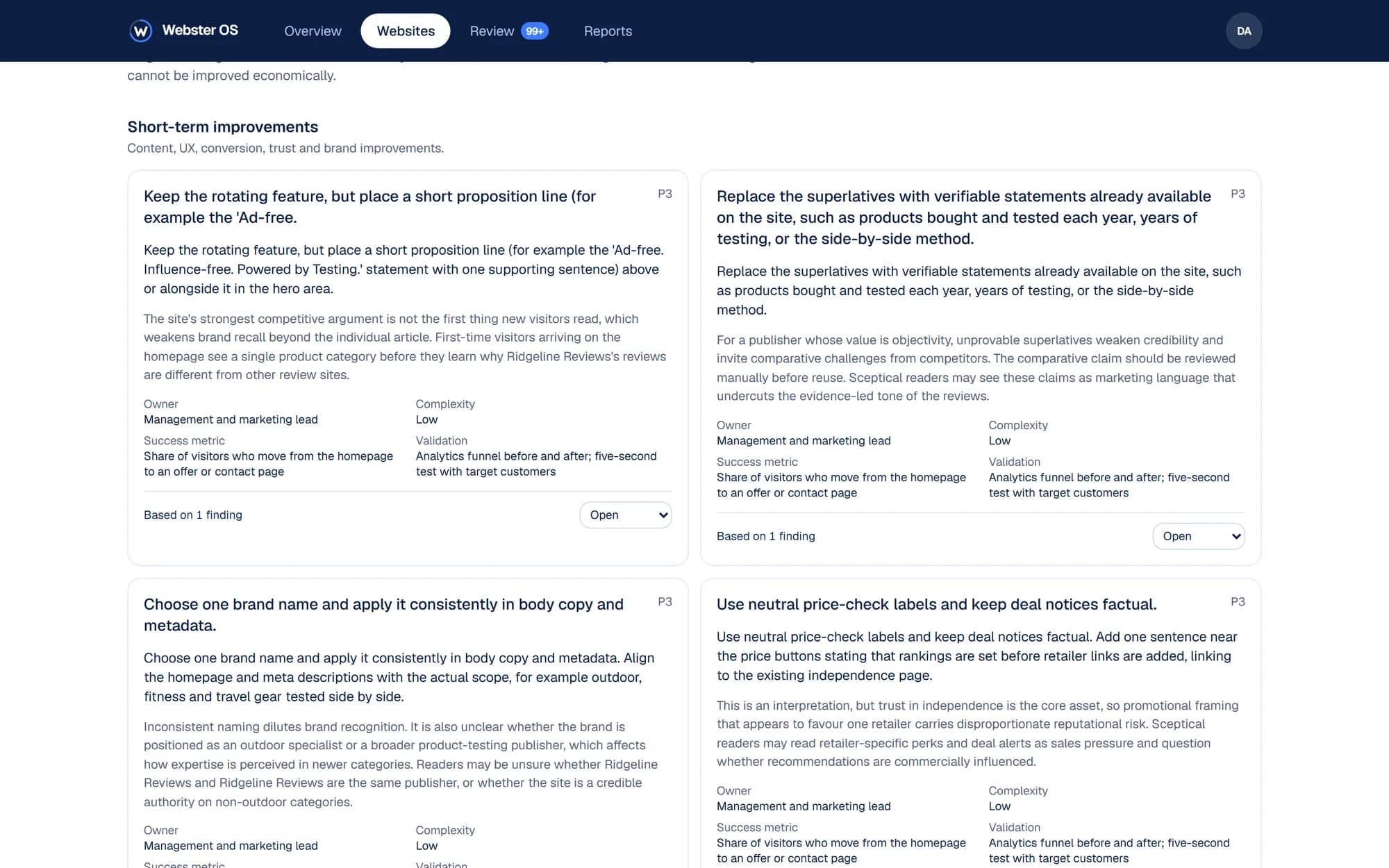 The roadmap with owner, complexity and success metric per action
