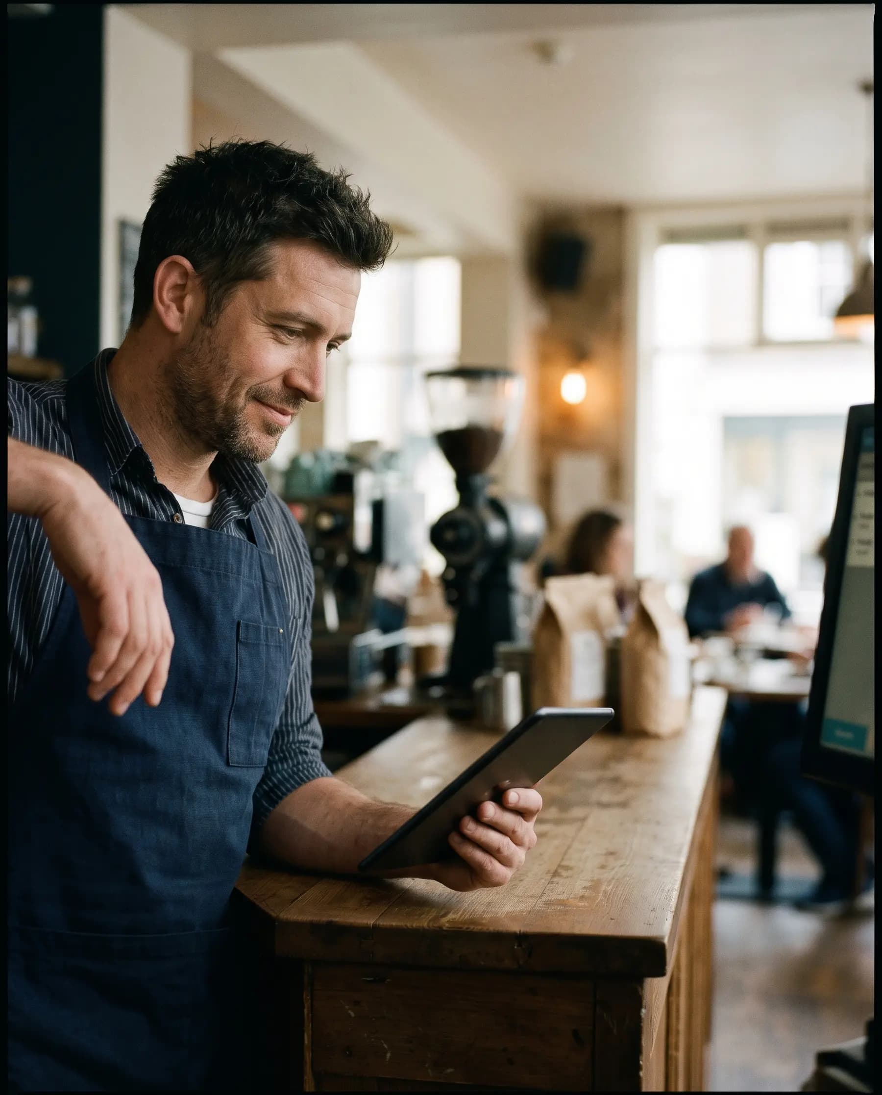 A café owner reading the audit on a tablet