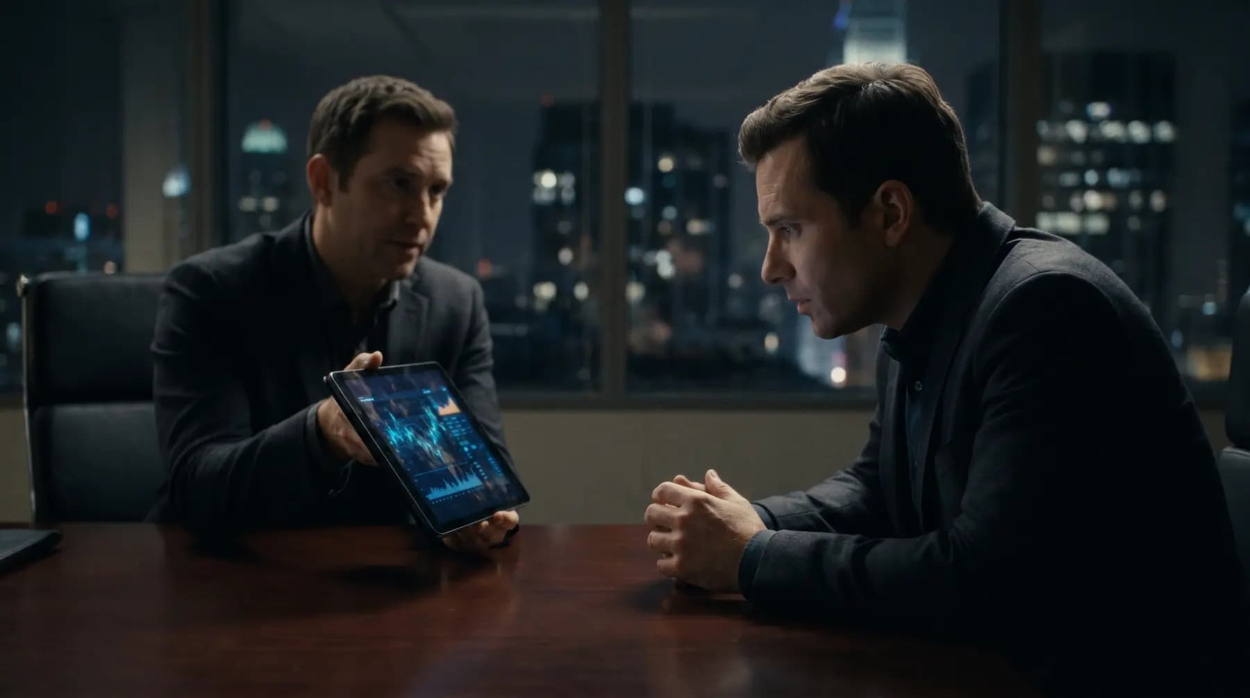 Two investors reviewing a website acquisition on a tablet