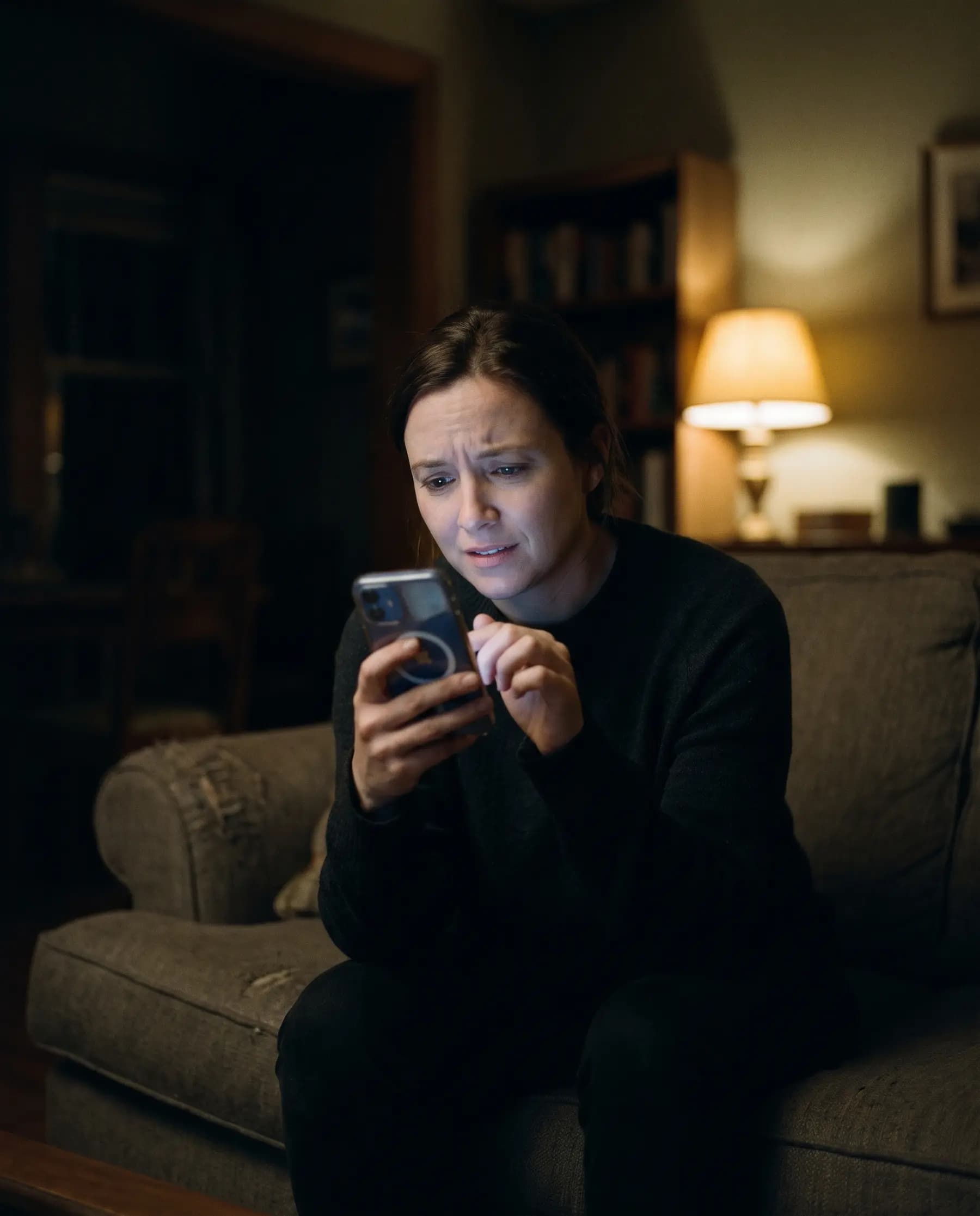 A visitor browsing a company website on her phone in the evening